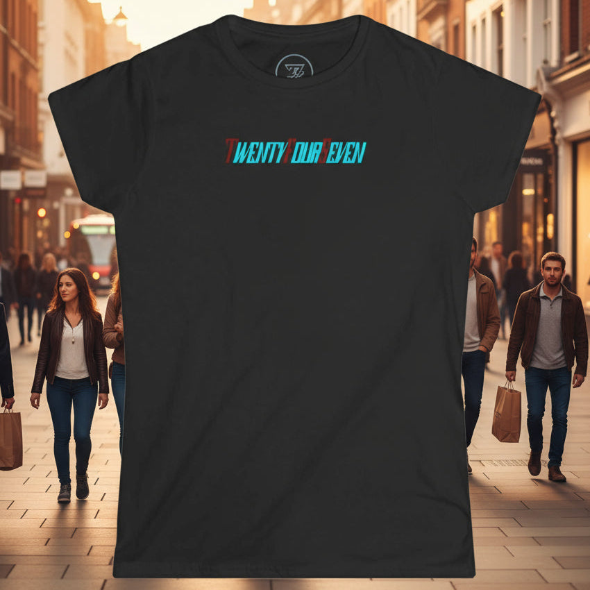 Black unique women t-shirt with colorful "Twentyfourseven" text for summer and everyday wear