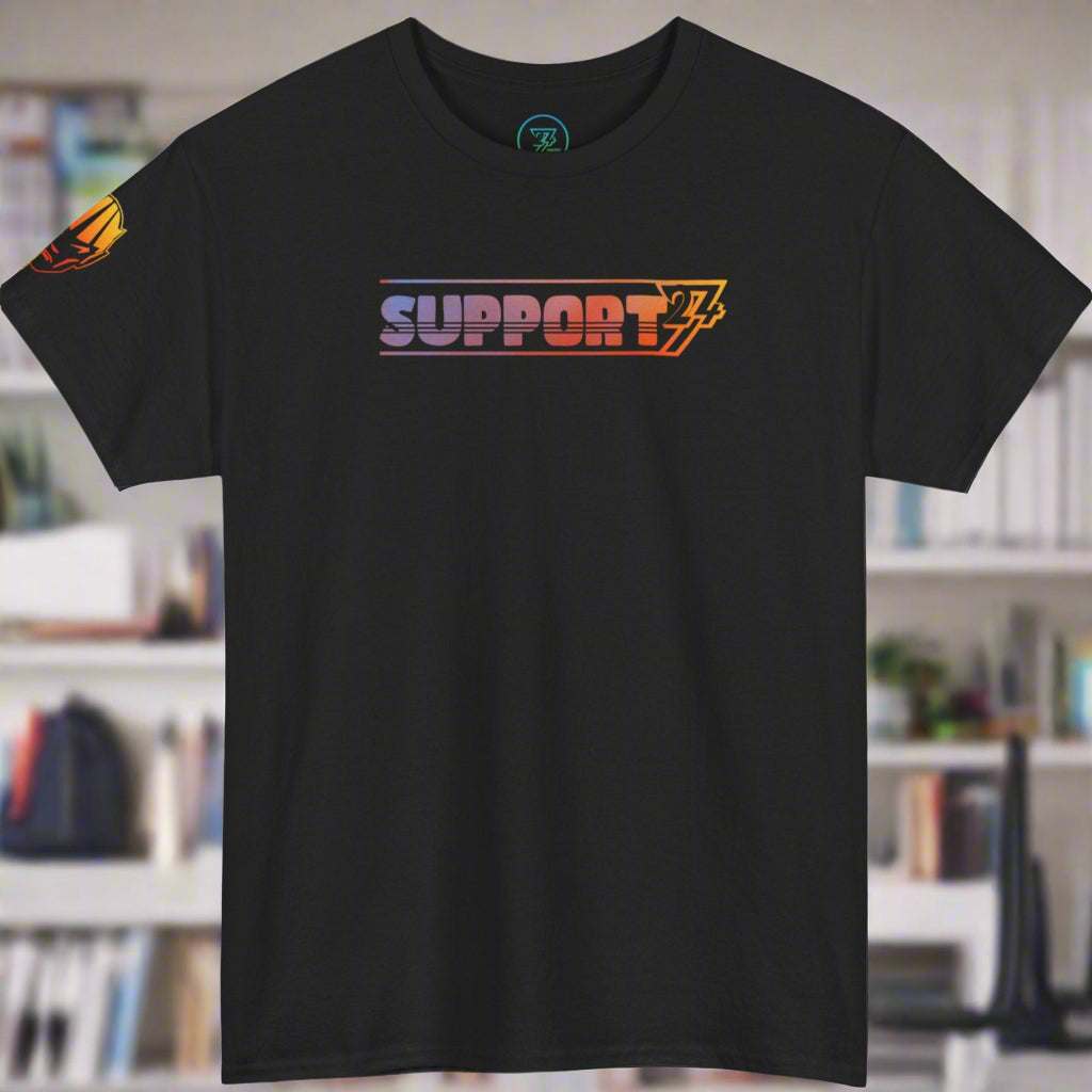 Black unisex Support Tee with 24/7 support graphic and unique text, professional workwear design.