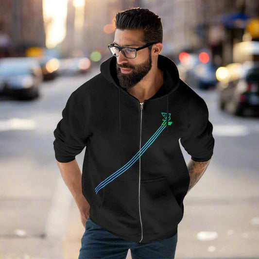 Black unisex striped zip hoodie with blue and green diagonal stripes, front zipper, and hood by 24/7 Unique Designs