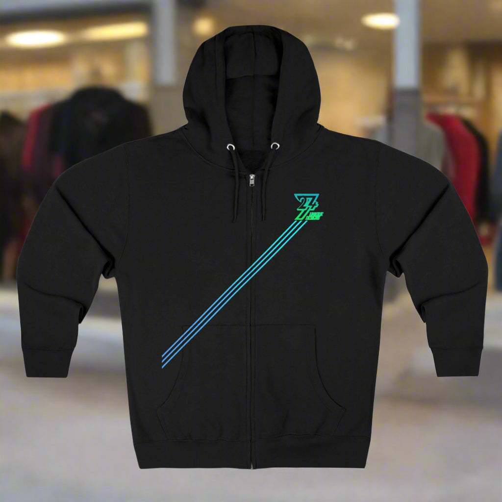 Black unisex striped zip hoodie with blue diagonal three stripes and hood, casual streetwear style