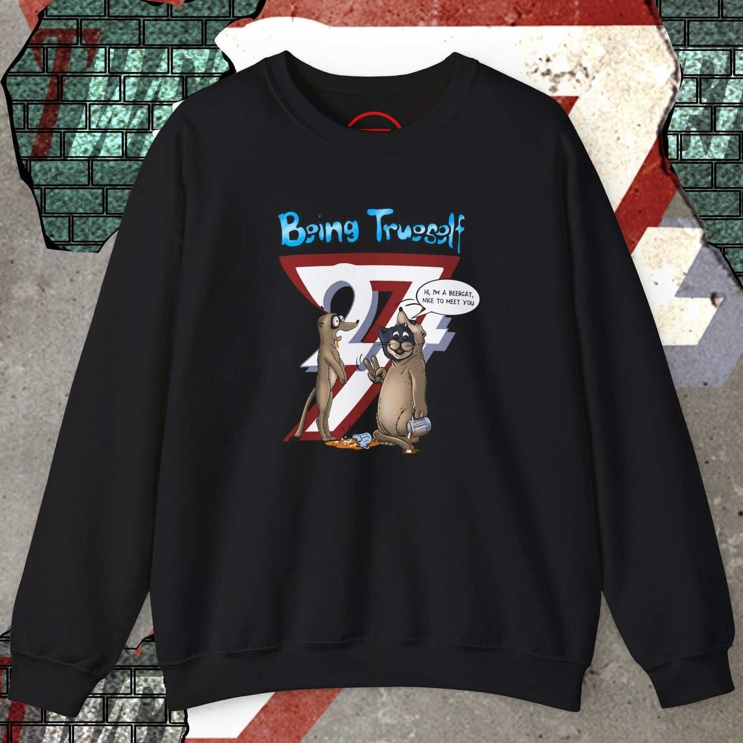 Black unisex sweatshirt featuring a cartoon cat and meerkat with "Being True to Yourself" slogan design