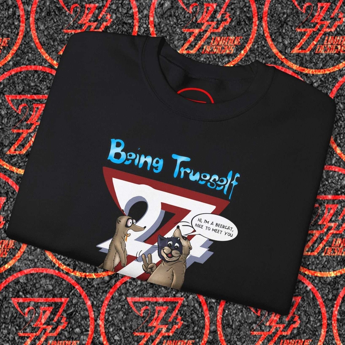 Black unisex sweatshirt with cartoon cat and meerkat and "Being Trueself" slogan design
