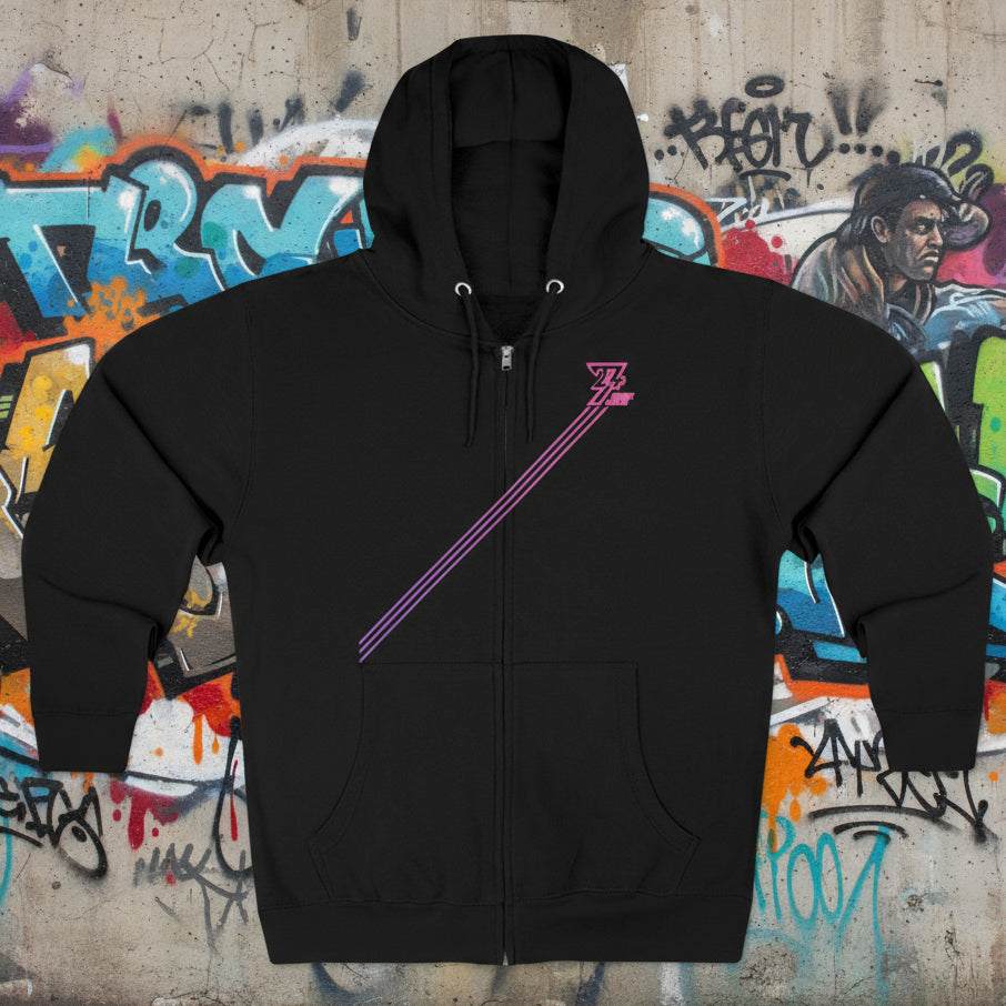 Black women hoodie with pink-striped diagonal design and zipper closure