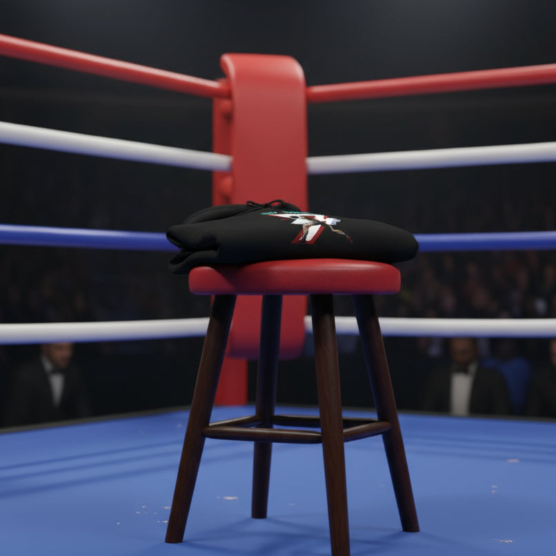 Black women's boxing hoodie with feminine boxer illustration and "On Target 24/7" text, adjustable hood, kangaroo pocket, cotton-poly blend for outdoor training and streetwear.