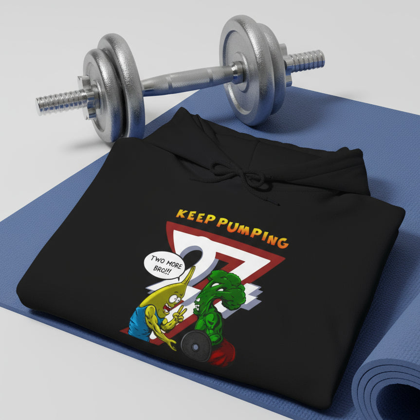 Black workout hoodie with cartoon broccoli and banana lifting weights and "Keep Pumping" text