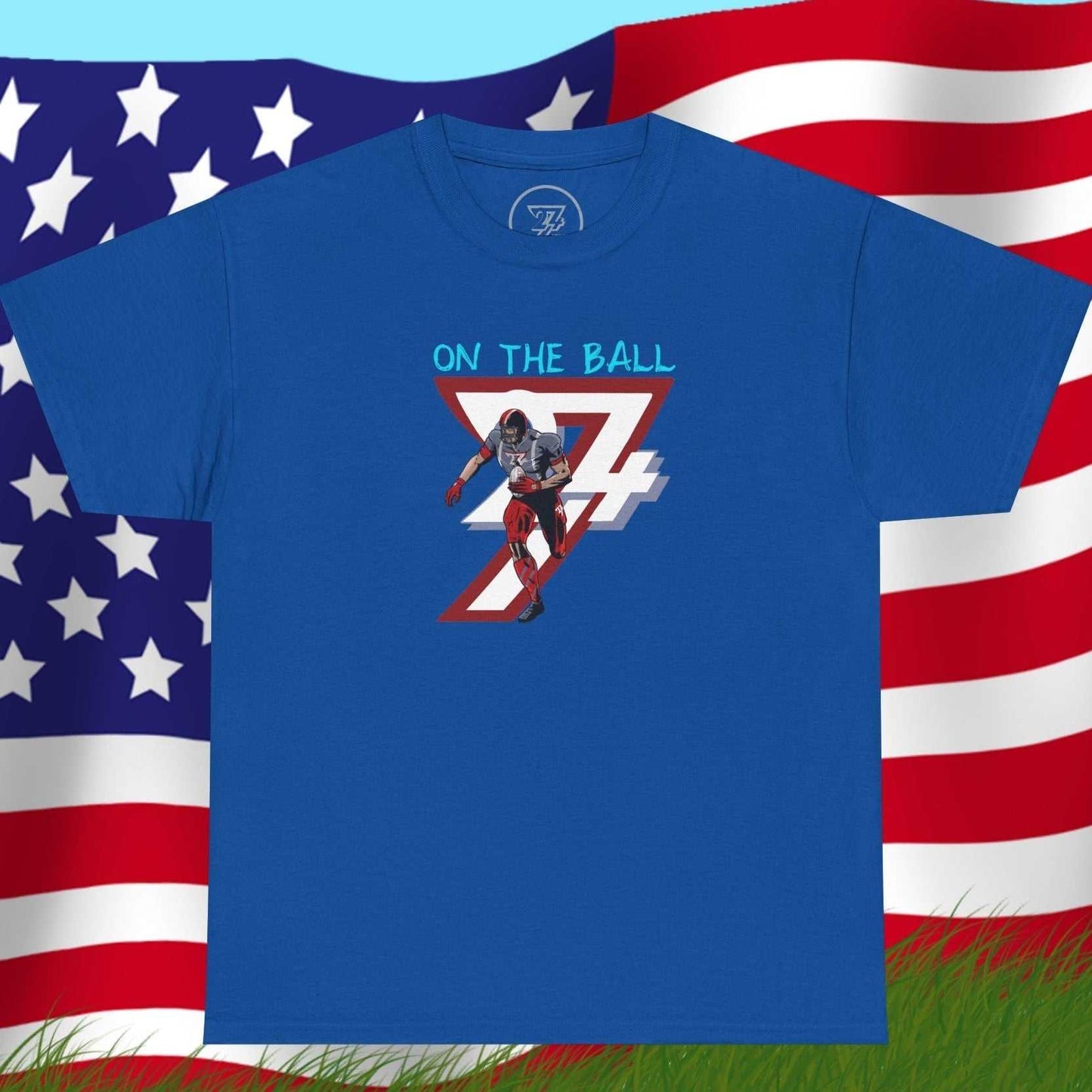 Blue American Football Tee with hand-drawn comic-style player graphic and "On The Ball" text
