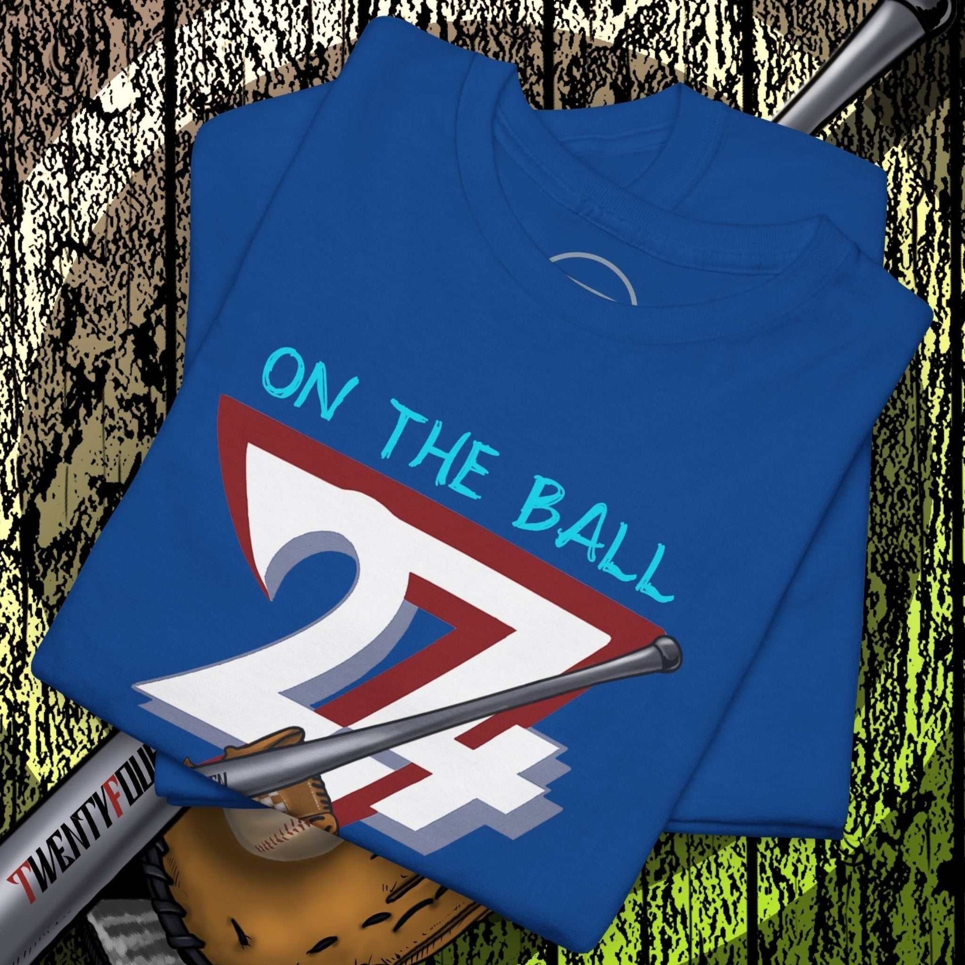 Blue Baseball Illustrated Tee with hand-drawn number 24/7 and baseball bat graphic, game day design