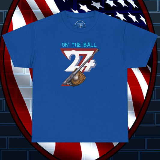 Blue Baseball Illustrated Tee with hand-drawn number 24/7, bat, and glove design, casual summer sportswear.