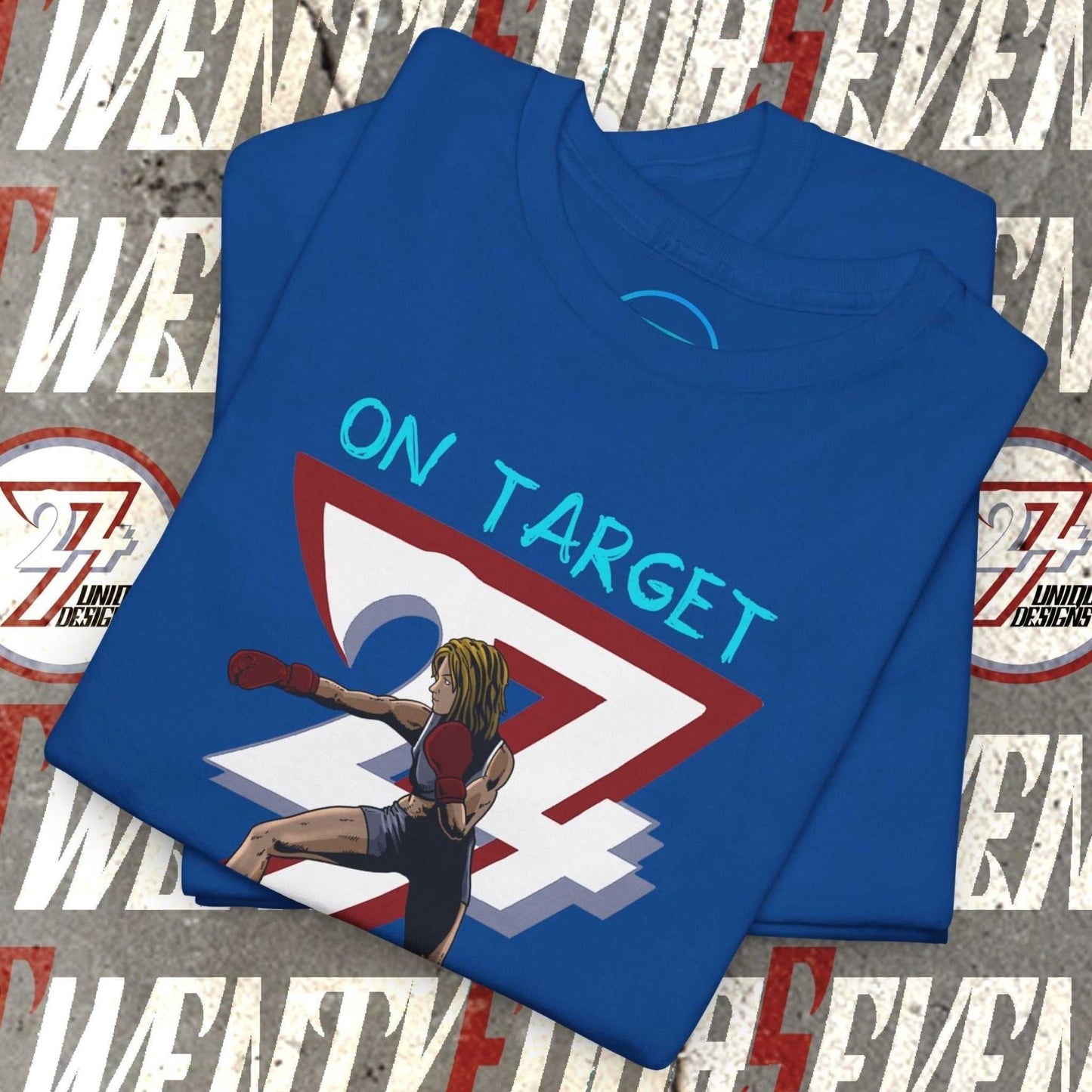 Blue Boxer Girl T-Shirt with hand-drawn boxing art and "ON TARGET" text for fighters and combat sports fans