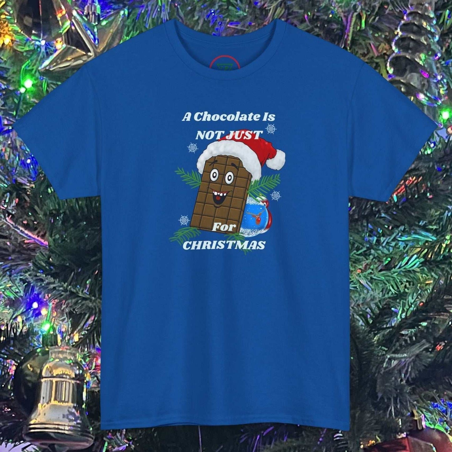 Blue Christmas tee featuring a chocolate bar with a Santa hat illustration and festive text design