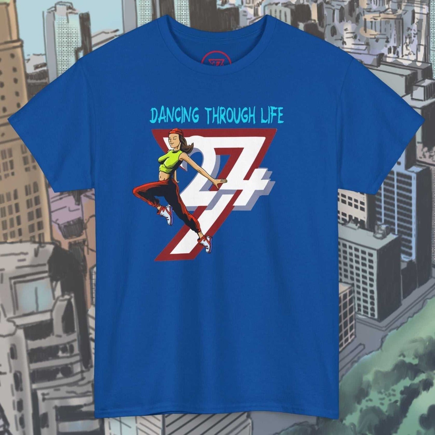 Blue Dancing Girl Tee with hand-drawn dancing girl and "Dancing Through Life" text, urban streetwear style