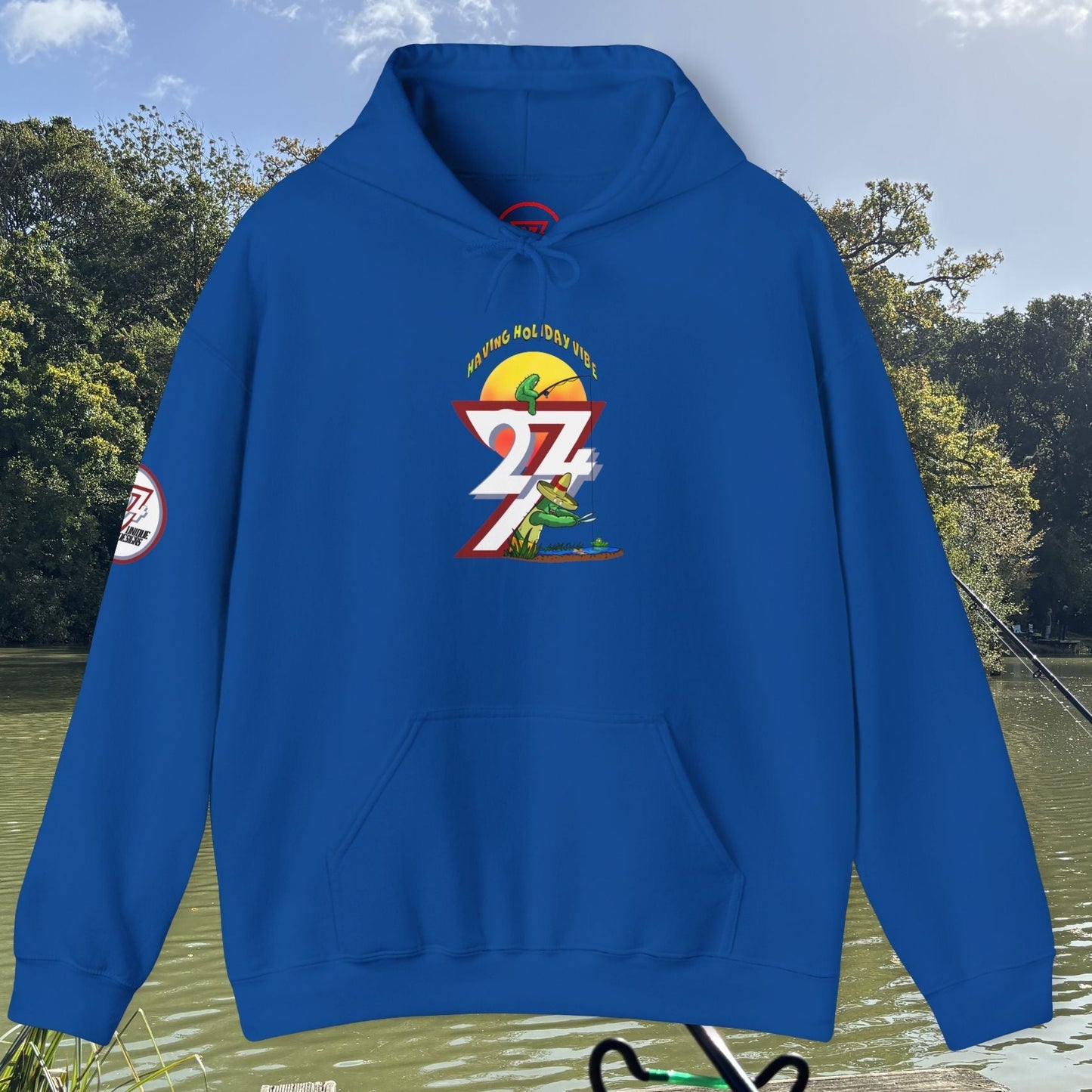 Blue Funny Fishing Hoodie with cactus and fishing graphic, summer holiday style jumper