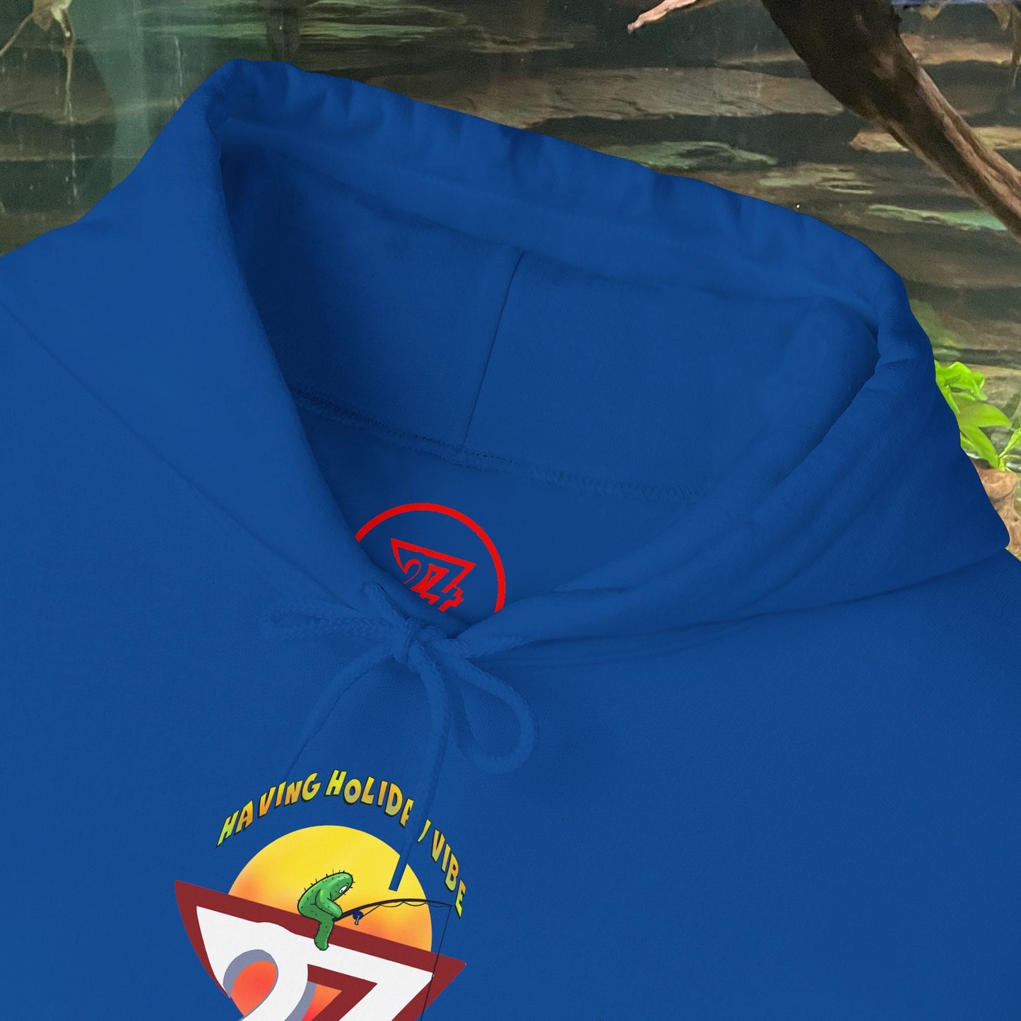 Blue Funny Fishing Hoodie with summer holiday cactus and fishing design on front