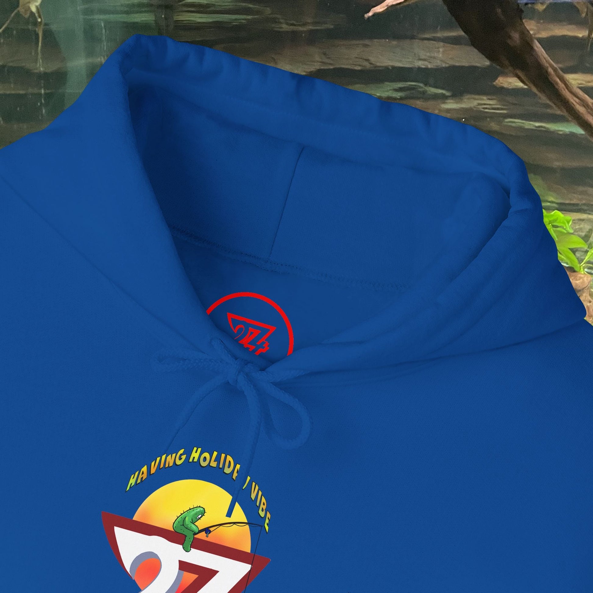 Blue Funny Fishing Hoodie with summer holiday cactus and fishing design on front