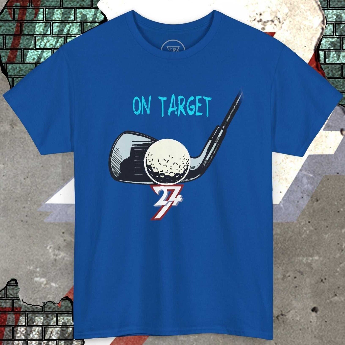 Blue Golf Tee Illustrated T-Shirt with hand-drawn golf club and ball graphic and "On Target" text design