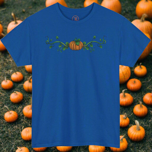 Blue Halloween Pumpkin T-Shirt with hand-drawn pumpkin and vine design for adults