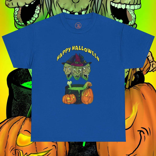 Blue Halloween Witches Tee with colorful cartoon witches, pumpkins, and "Happy Halloween" text, spooky fun design by 24/7 Unique Designs