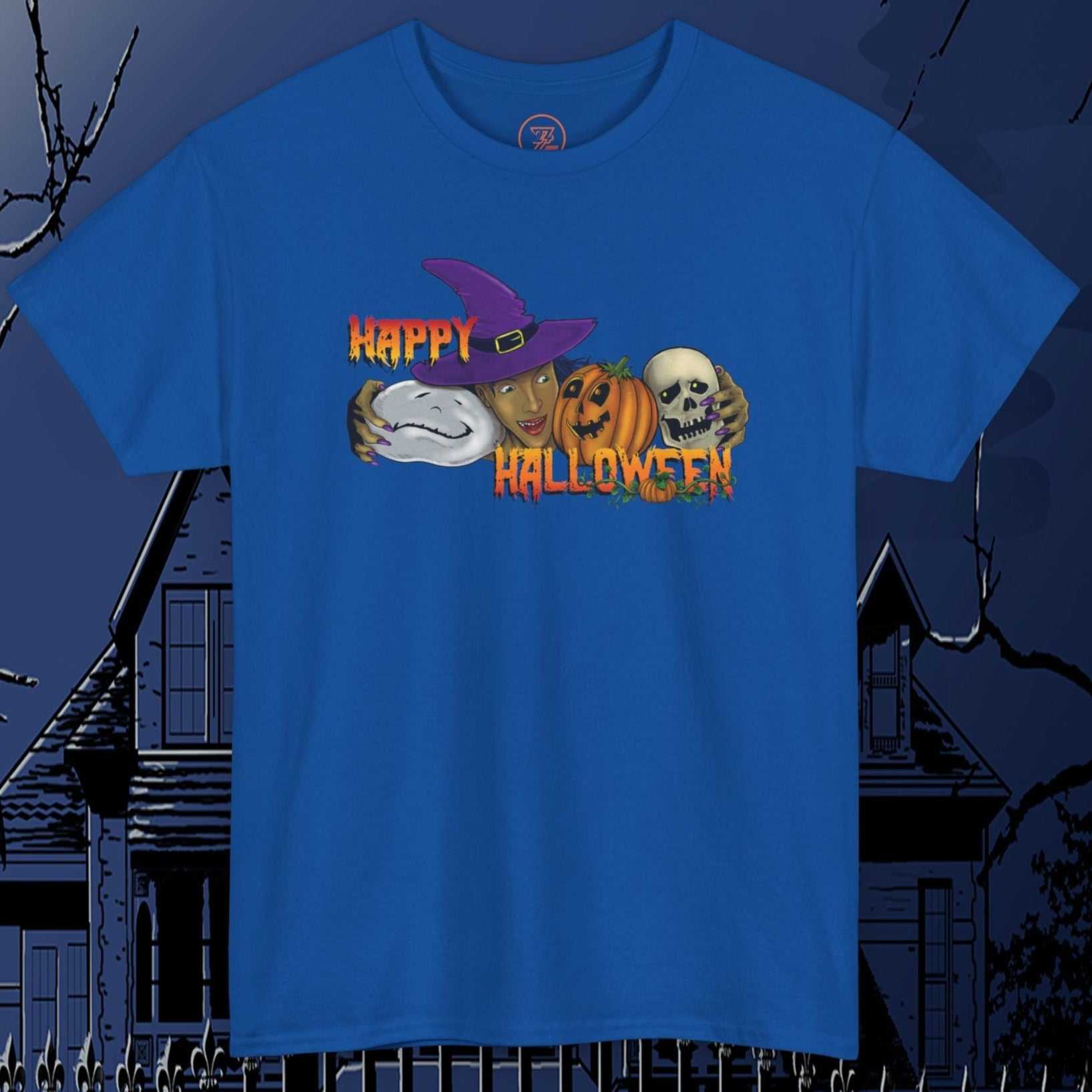 Blue Halloween witch T-shirt with cartoon witch, skeleton, and pumpkin design saying Happy Halloween