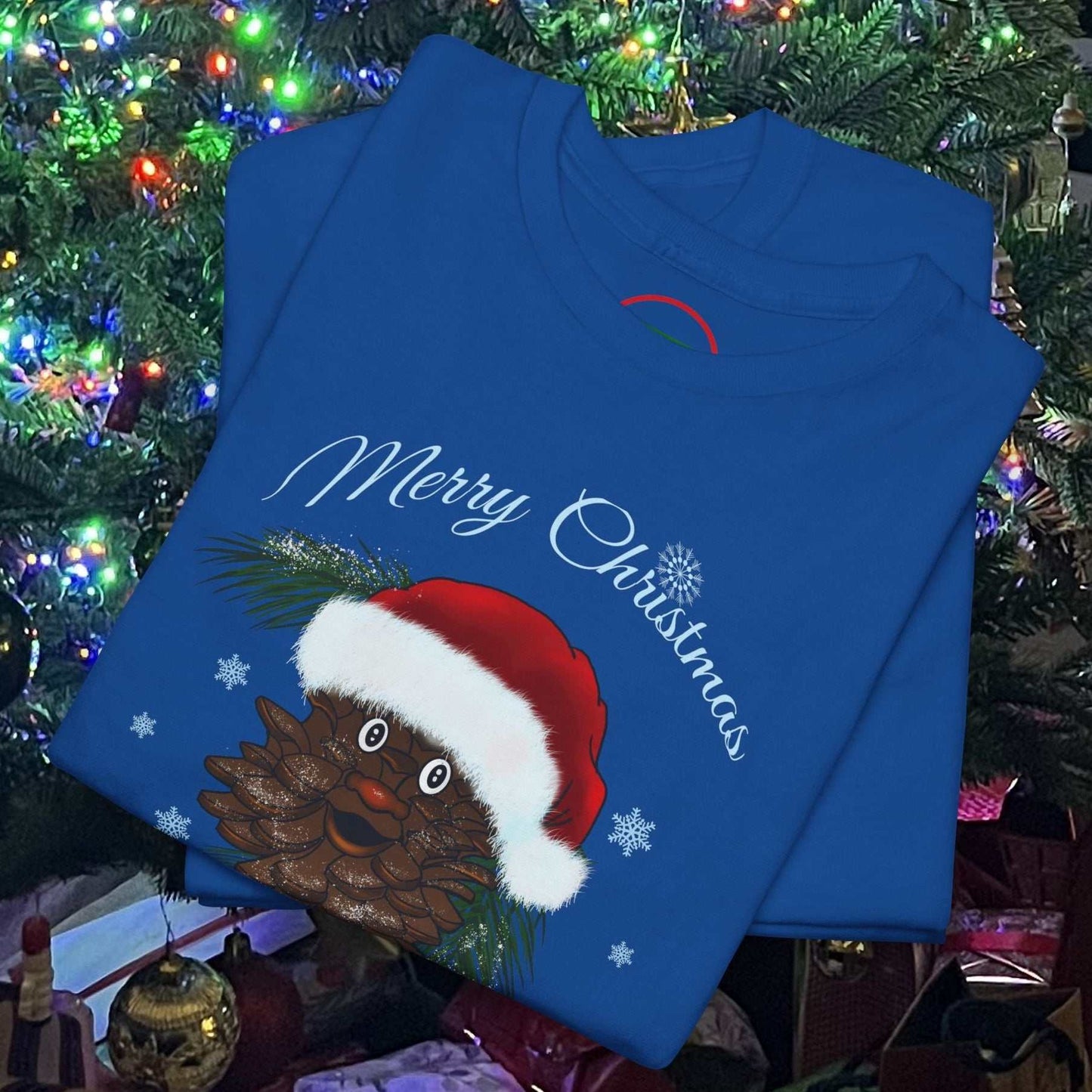Blue Santa Pinecone Tee with cartoon pinecone wearing Santa hat and "Merry Christmas" text, festive holiday design