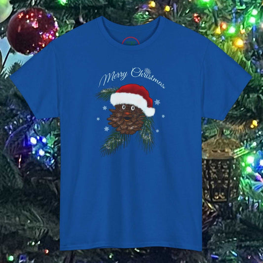 Blue Santa Pinecone Tee with hand-drawn pinecone wearing a Santa hat and "Merry Christmas" text