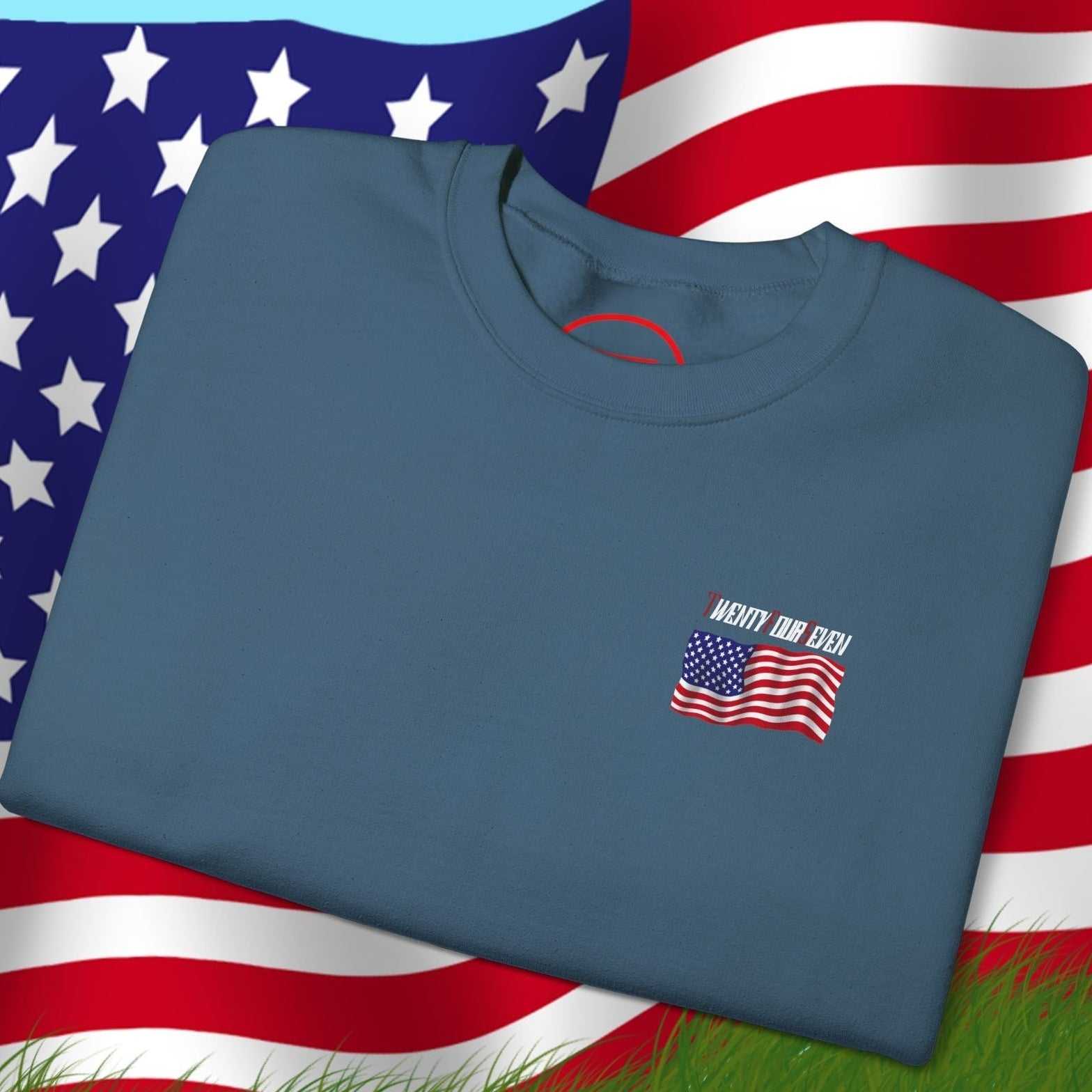 Blue US Flag Sweatshirt with hand-drawn American flag design, patriotic apparel for sports events and celebrations