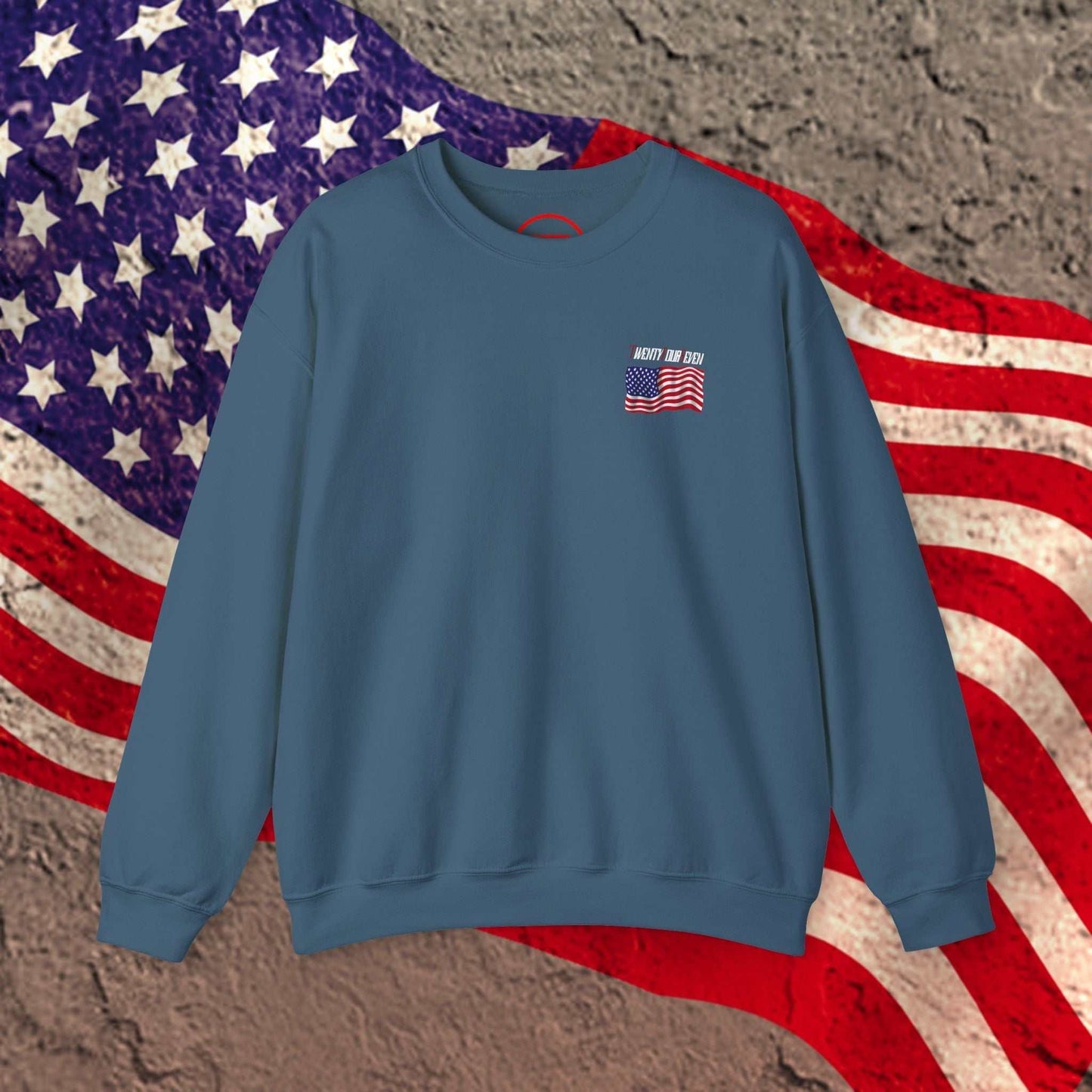 Blue US Flag Sweatshirt with small American flag design on chest, patriotic apparel for sports events and celebrations