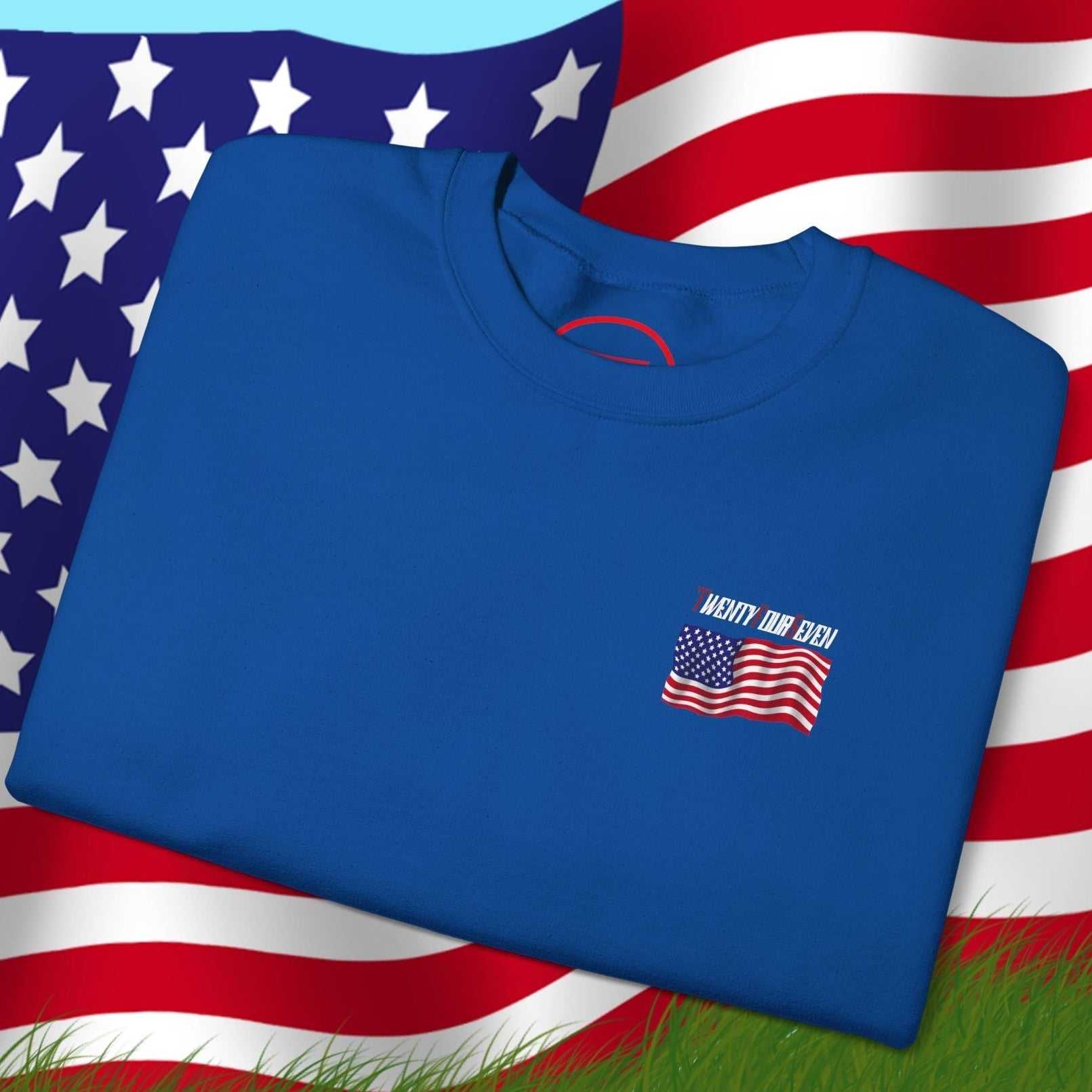 Blue US Flag sweatshirt with patriotic American flag design on chest, ideal for sports events and celebrations