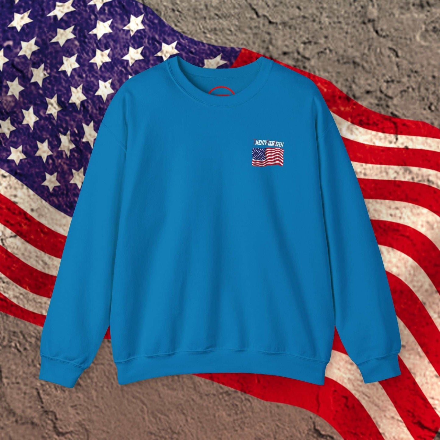 Blue US Flag sweatshirt with small American flag design, patriotic apparel for sports events and celebrations