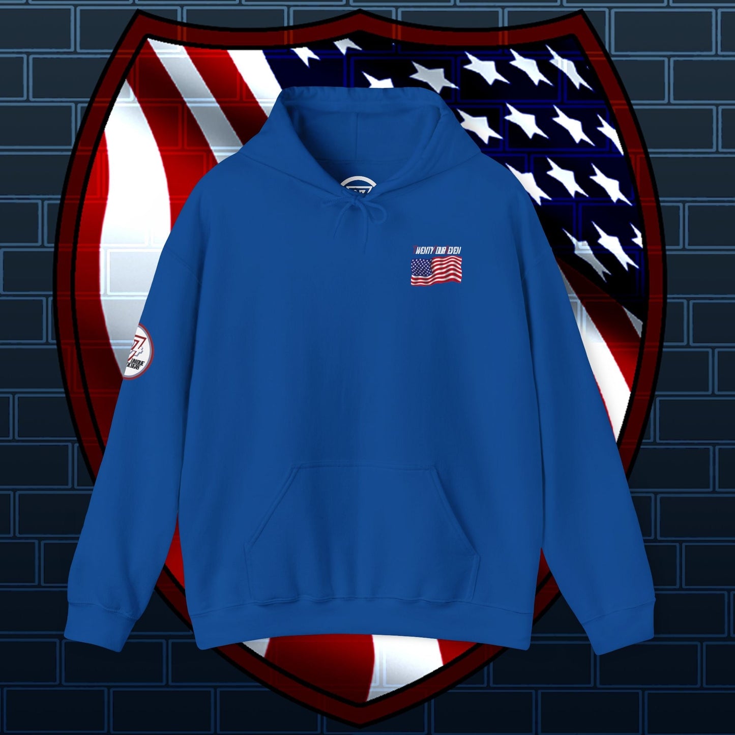 Blue US flag hoodie with front pocket and patriotic print on chest and sleeve, stylish and comfortable American flag sweatshirt.