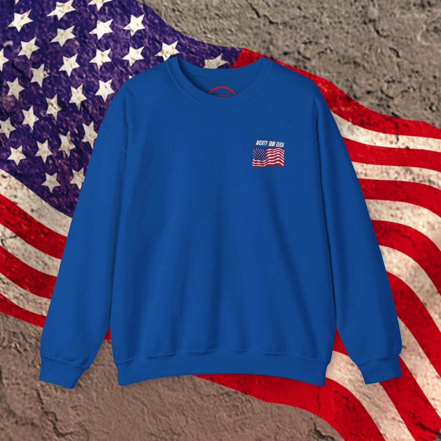 Blue US flag sweatshirt with small American flag , cozy patriotic apparel for sports and celebrations