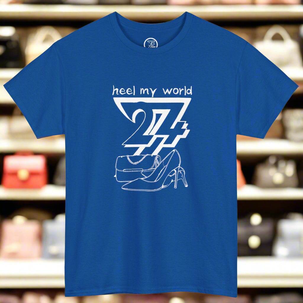 Blue art t-shirt with heel my world funny quote and high heel shoe design unisex tee