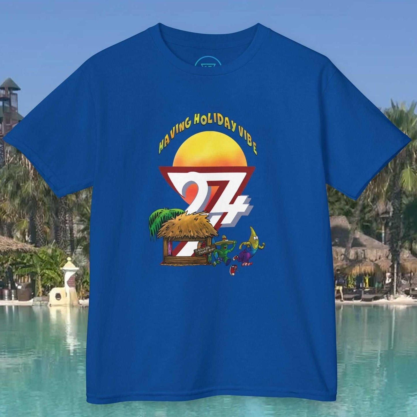 Blue banana t-shirt for kids with funny cartoon summer holiday beach design