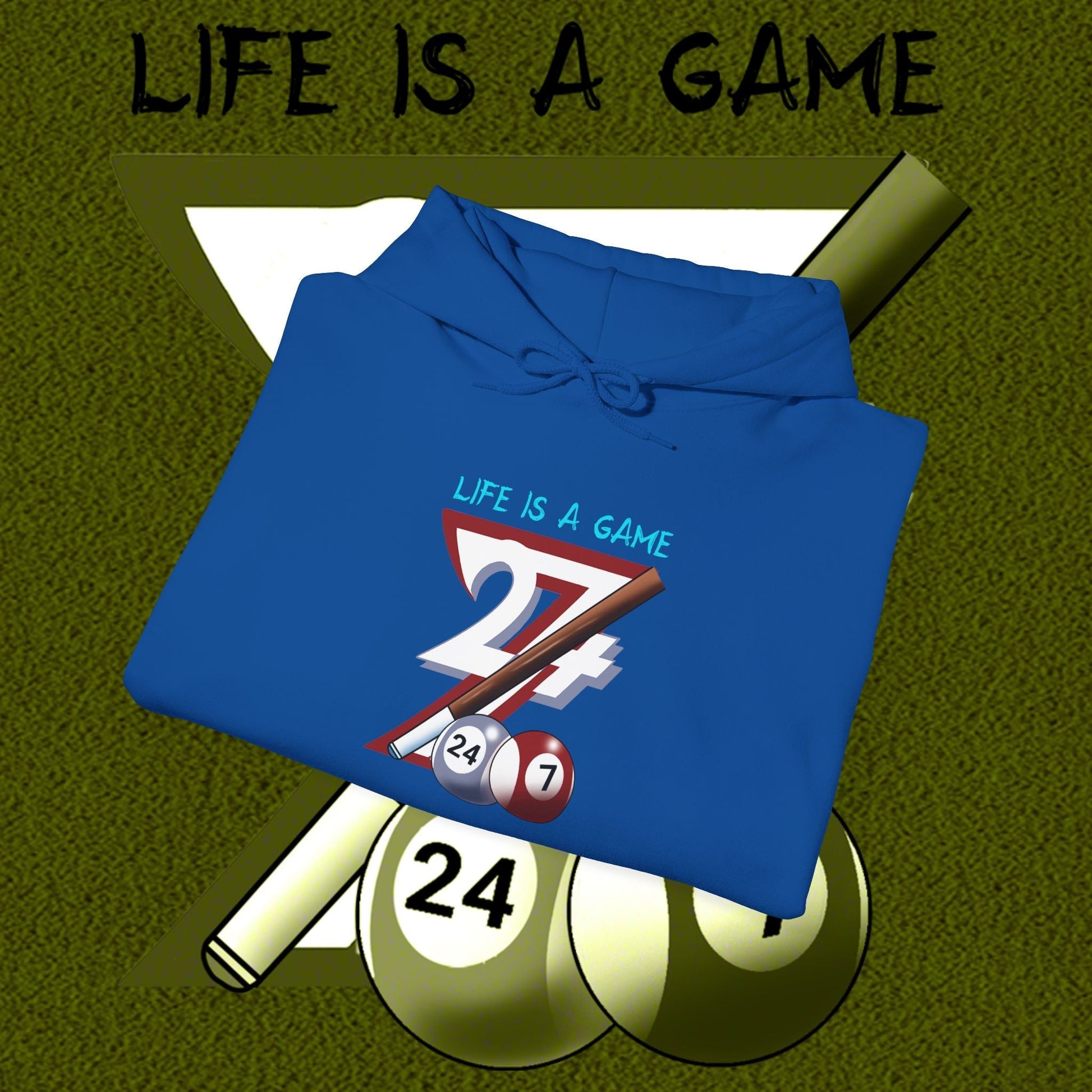 Blue billiards hoodie with "Life is a Game" hand-drawn pool design featuring billiard balls and cues.