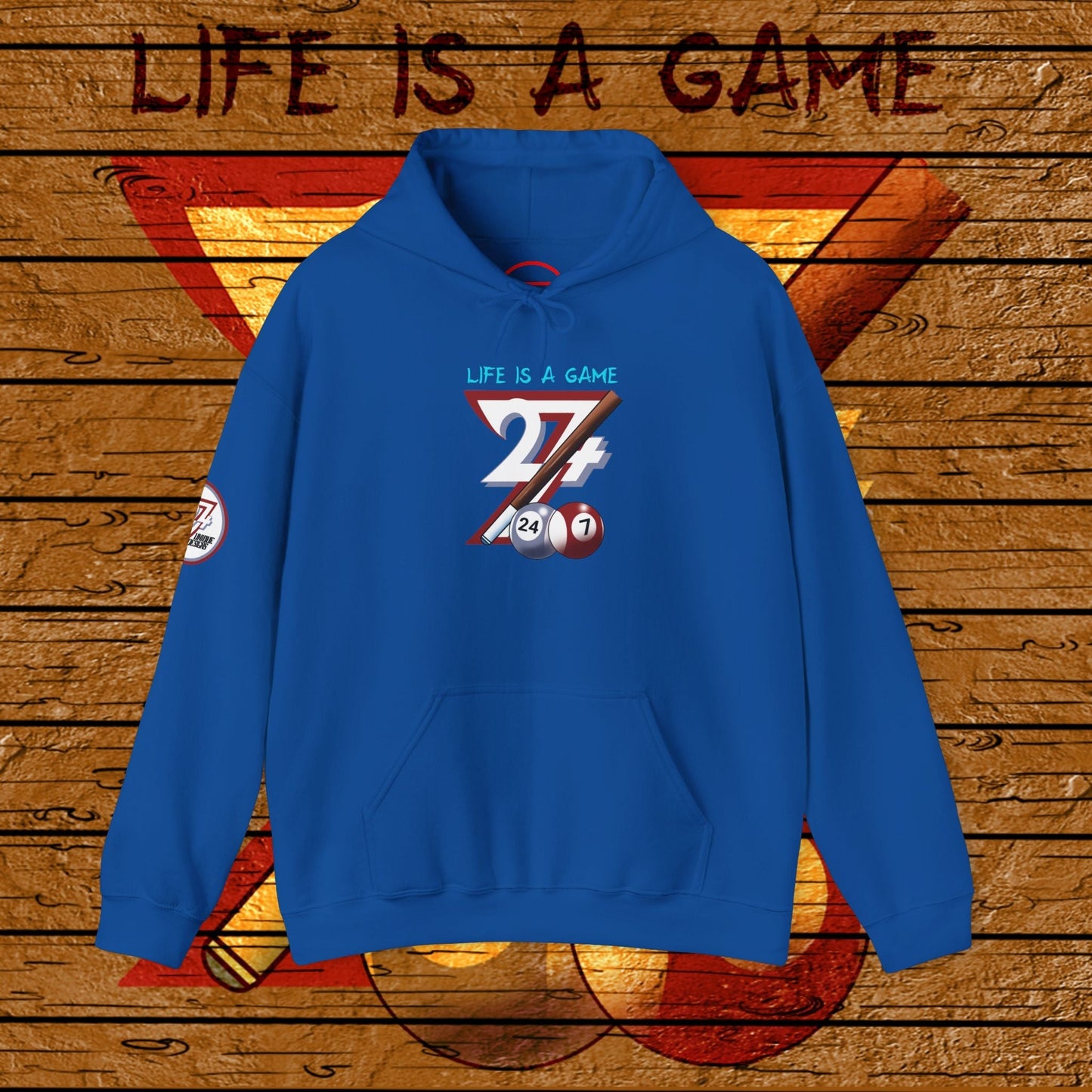 Blue billiards hoodie with hand-drawn pool design and "Life is a Game" text, featuring kangaroo pocket and adjustable hood.