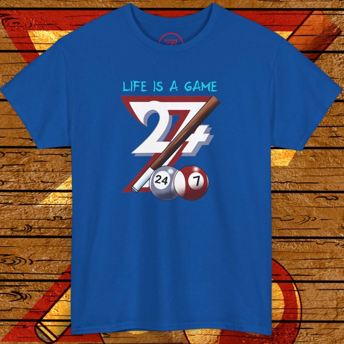 Blue billiards tee with hand-drawn pool game design and "Life is a Game" text.