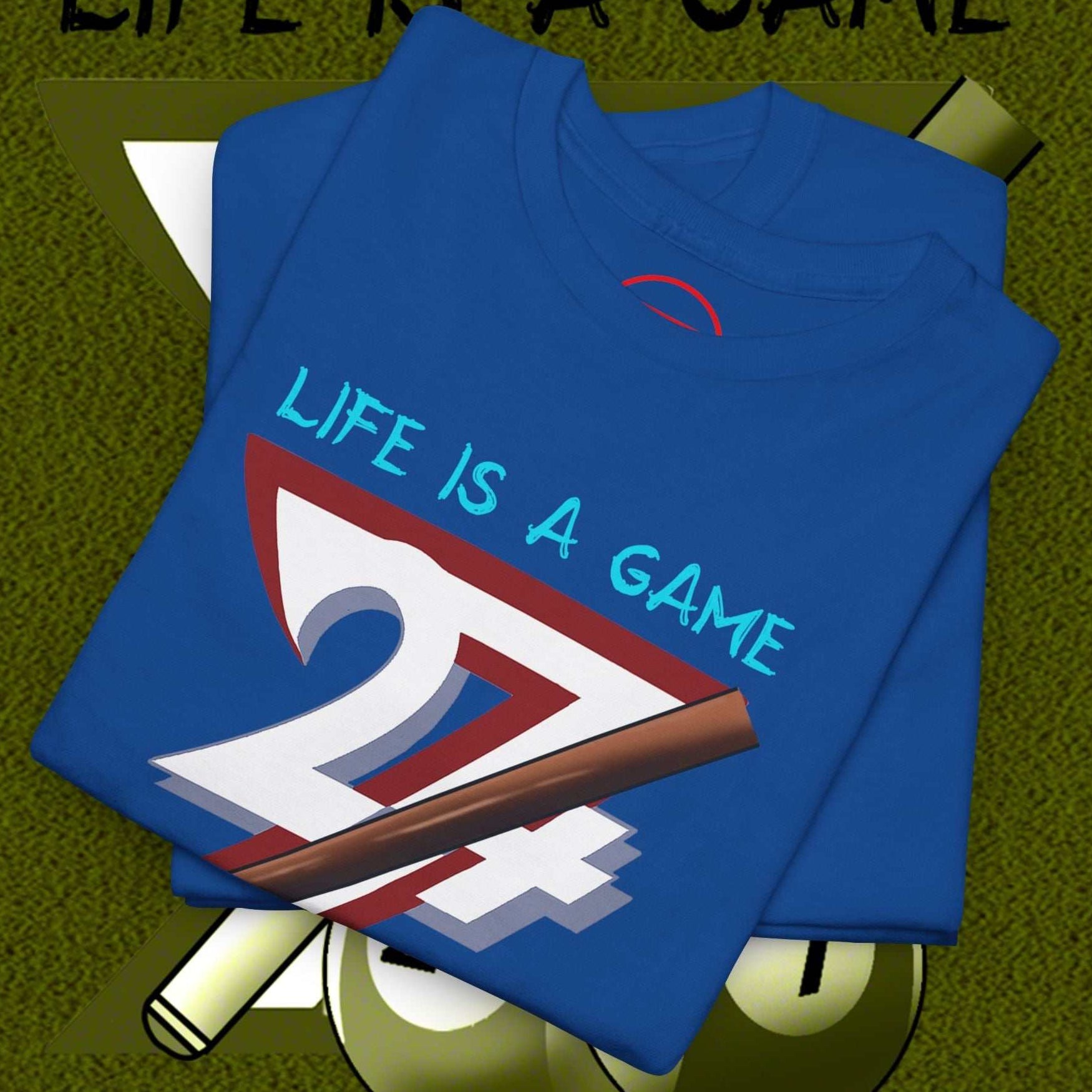 Blue billiards tee with hand-drawn pool game illustration and "LIFE IS A GAME" text design