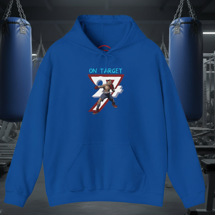 Blue boxing hoodie sweatshirt with unique hand-drawn boxer design and kangaroo pocket for sports training and outdoor fitness