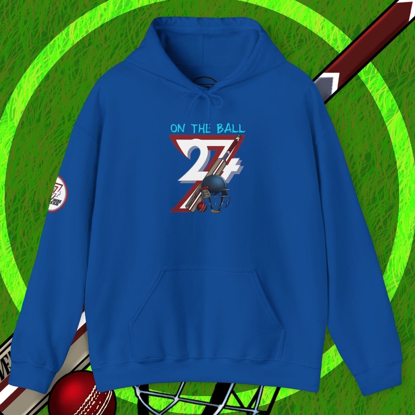 Blue cricket hoodie sweatshirt with unique "On the Ball" illustration and cricket gear background