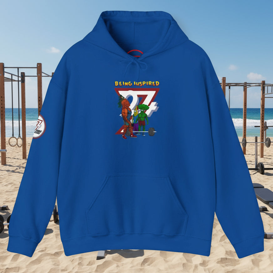 Blue custom hoodie with banana and broccoli comic workout characters and "Being Inspired" text design
