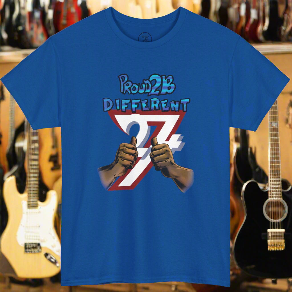 Blue custom tee with bold "Proud 2B Different" illustration and thumbs-up design for adults