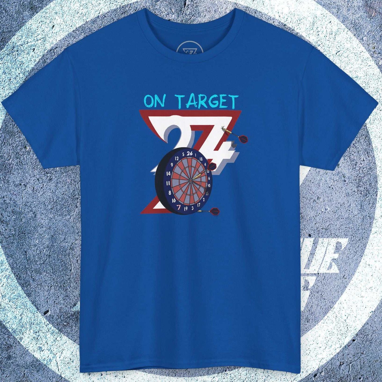 Blue darts t-shirt with hand-drawn dartboard design and "On Target" text, casual fit, soft cotton fabric, perfect for game nights and pub outings