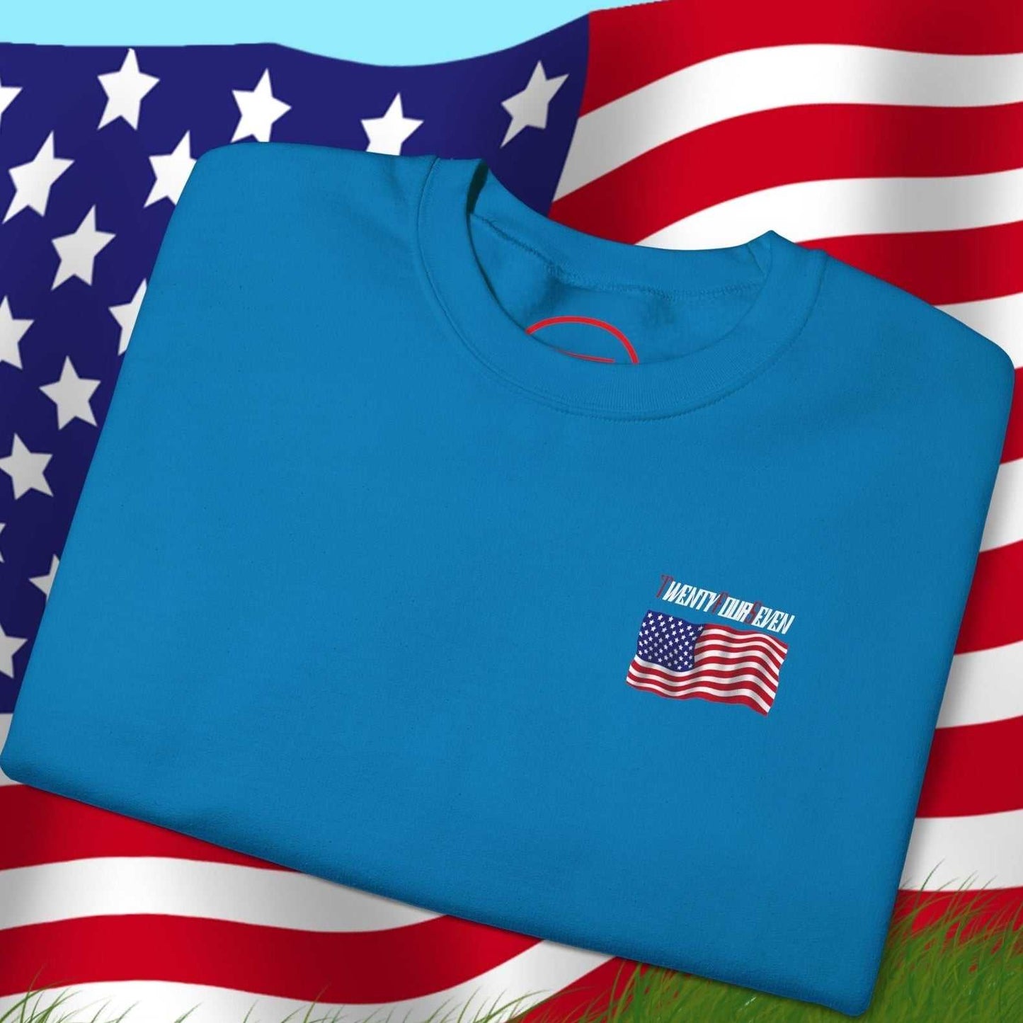 Blue US flag sweatshirt with hand-drawn American flag design, perfect for patriotic events and celebrations