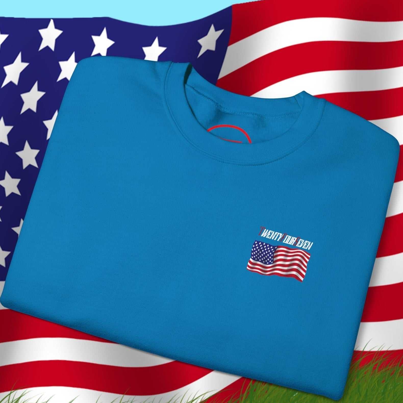 Blue US flag sweatshirt with hand-drawn American flag design, perfect for patriotic events and celebrations