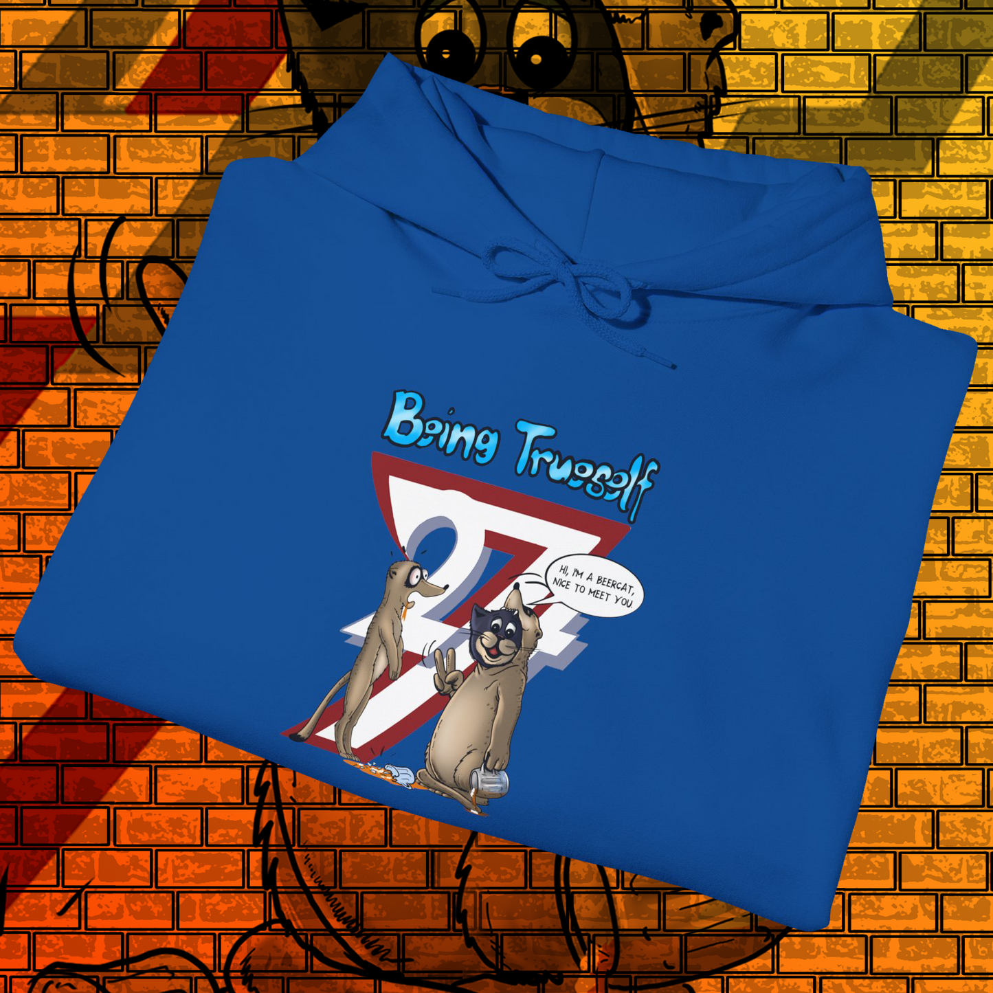 Blue hoodie with cartoon meerkat and cat illustration and "Being True Self" text design