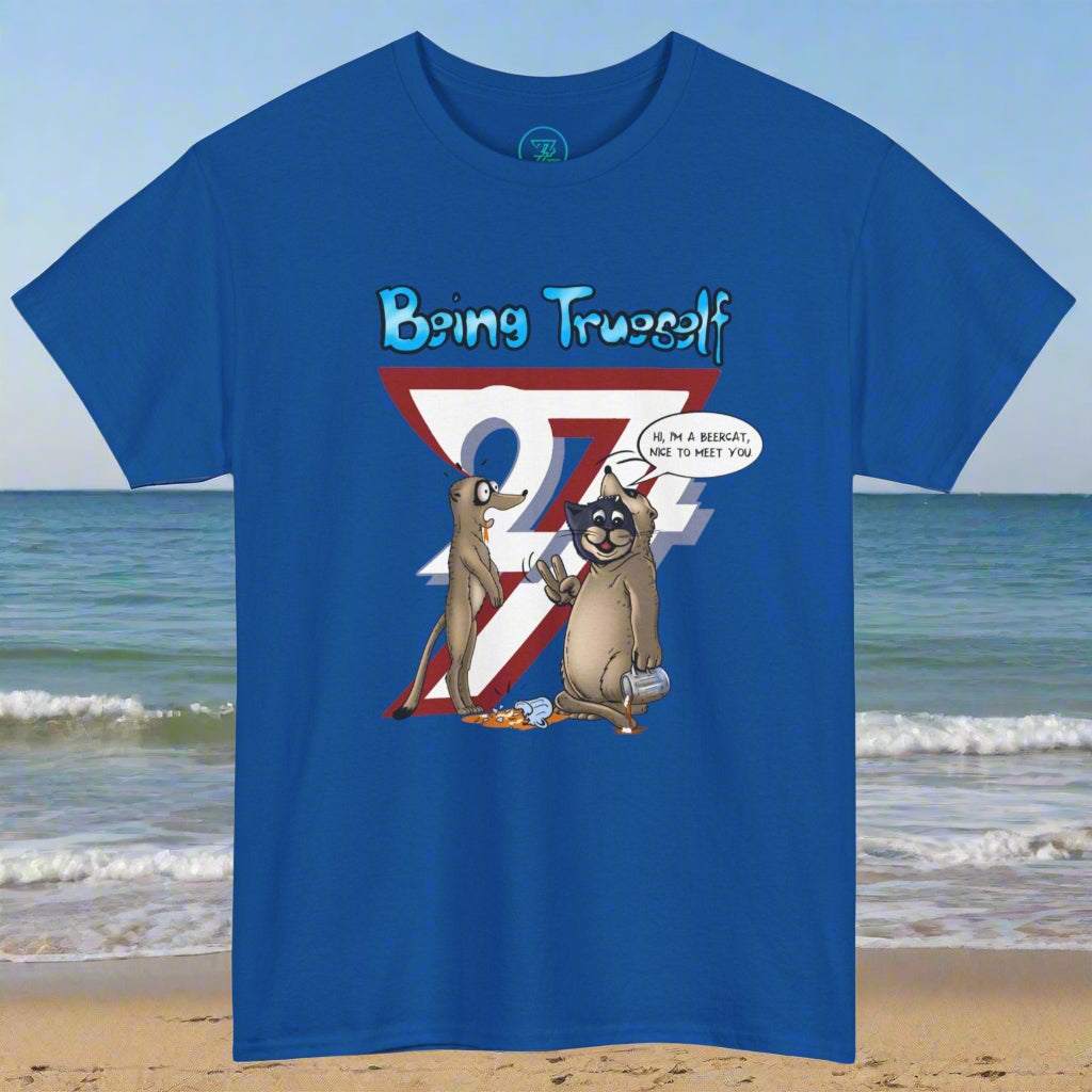 Blue funny cat t-shirt with cartoon meerkat and "Being Trueself" design