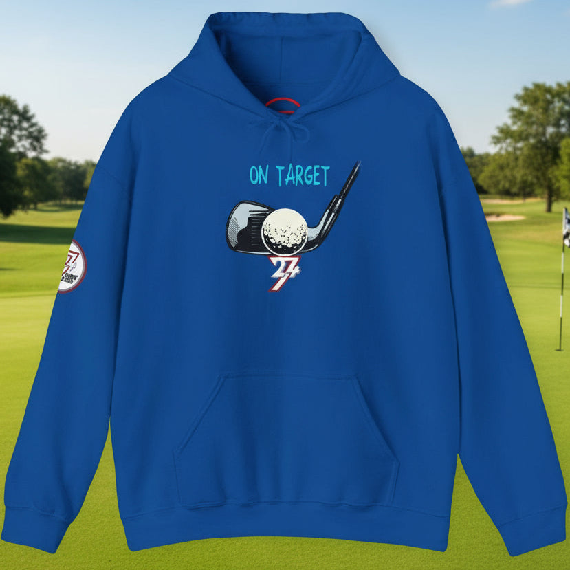 Blue golf hoodie with hand-drawn golf club and ball design, kangaroo pouch pocket, and adjustable hood