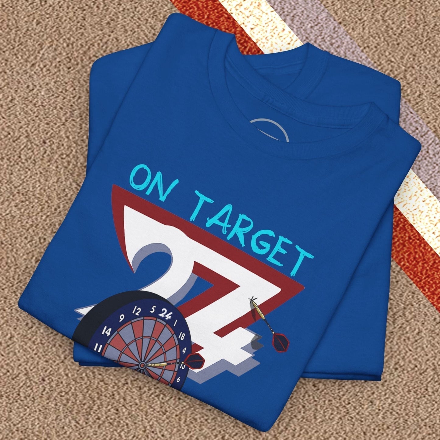 Blue hand-drawn darts T-shirt with "On Target 24/7" design, casual fit, durable cotton fabric