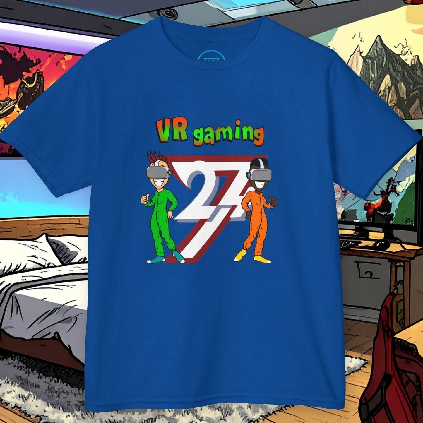 Blue kids VR gaming t-shirt with vibrant hand-drawn cartoon characters and colorful graphics.