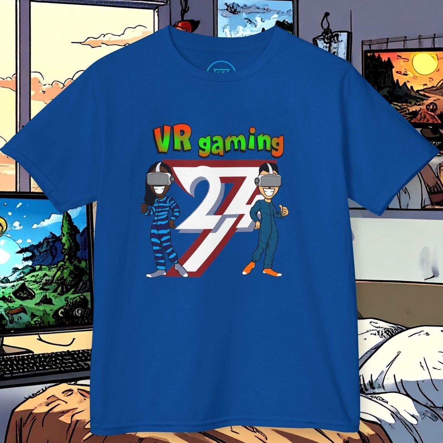 Blue kids VR gaming tee with colorful cartoon characters and the number 27 printed on the front