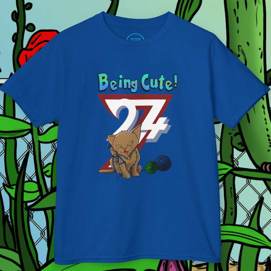 Blue kids cat t-shirt with hand-drawn playful kitten and "Being Cute! 24/7" text design